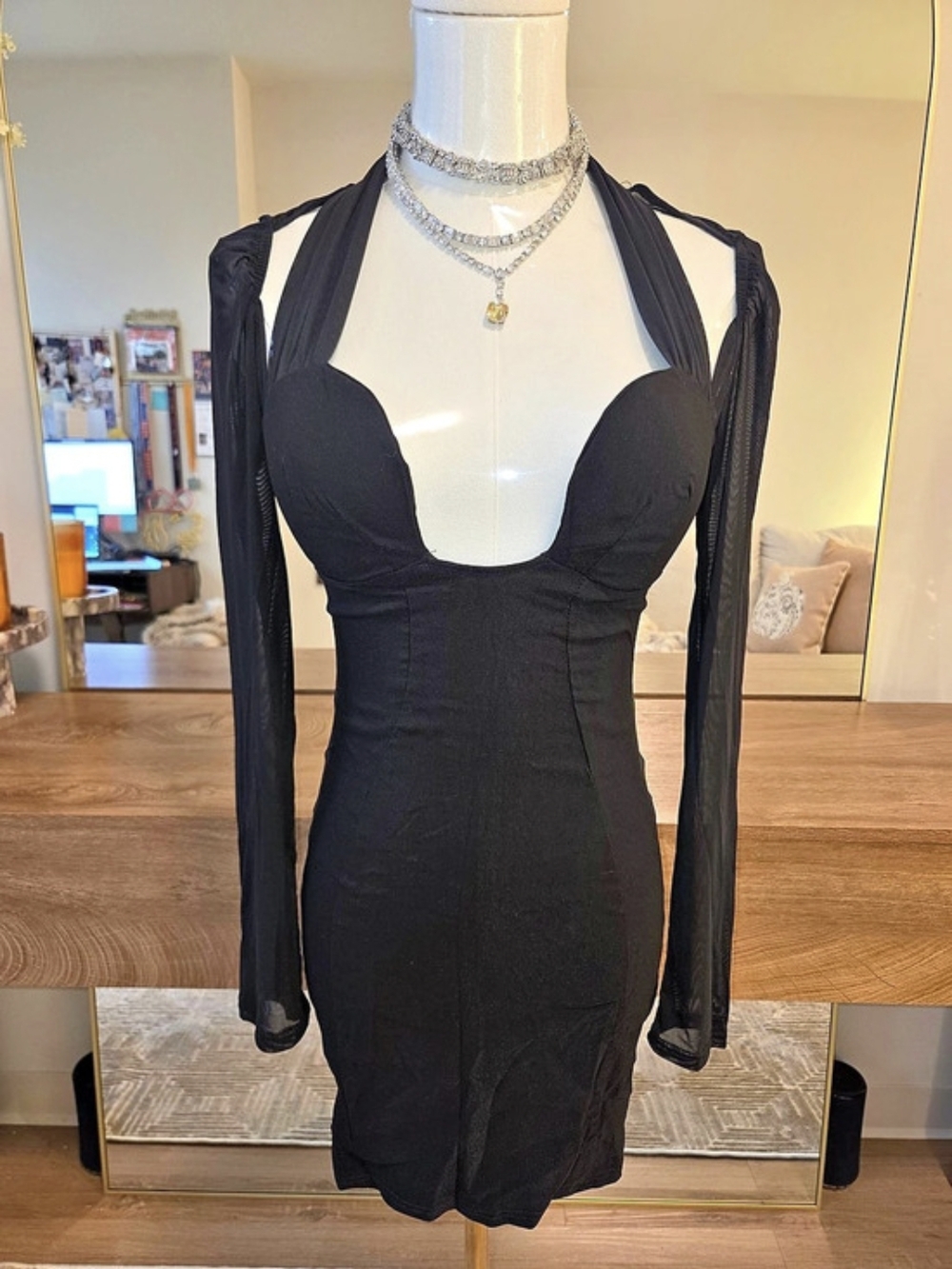House Of CB Dupe Black Mesh Sleeve Mini Dress NWT